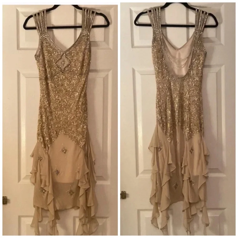 Vintage 90s Y2K 100% Silk Beaded Dress Flapper Mermaid Silk Dress Prom Flapper - Picture 4 of 10